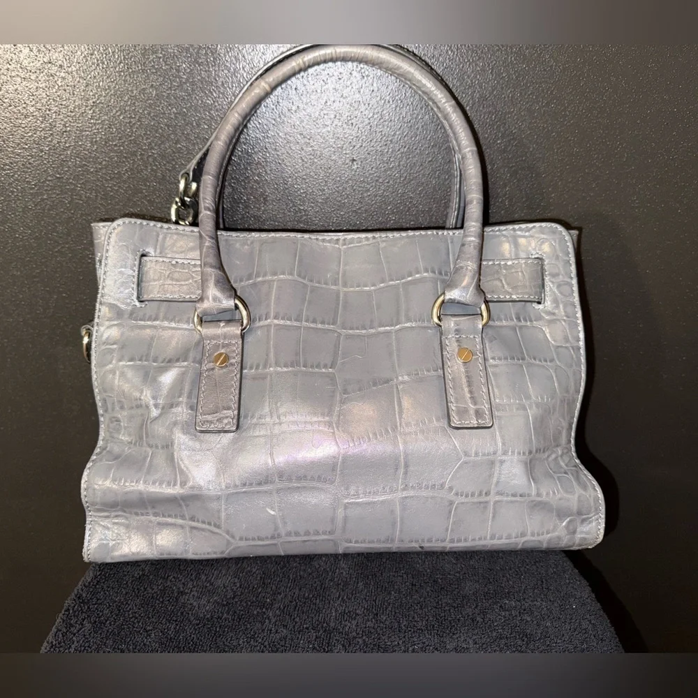 Michael Kors Hamilton gray crocodile embossed shoulder satchel purse
